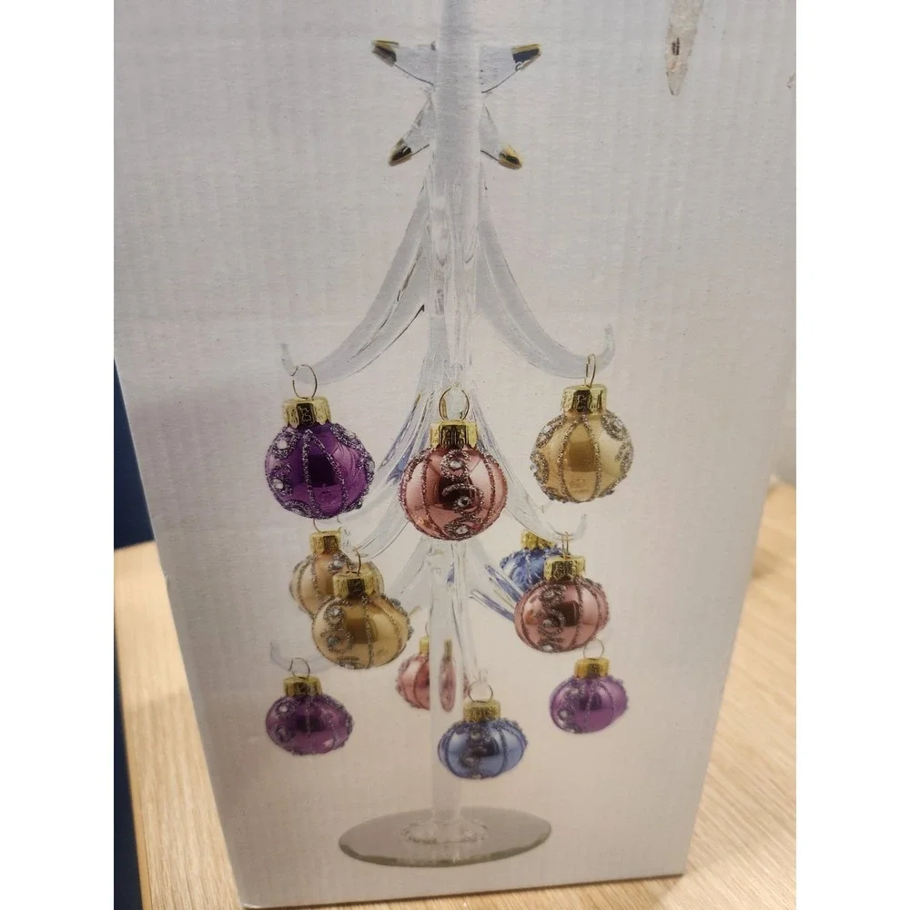LS Arts Glass/Crystal Christmas Tree‎ W/12 Glass Ornaments Mirrored NEW W/Box